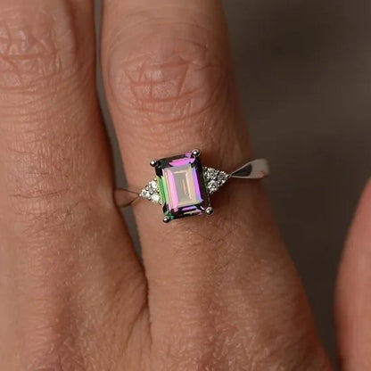 Exquisite Women'S 925 Sterling Silver Ring Princess Cut Mystic Rainbow Topaz Engagement Diamond Jewelry Christmas Birthday Proposal Gift Halloween Party Wedding Band Rings Size 6 - 10