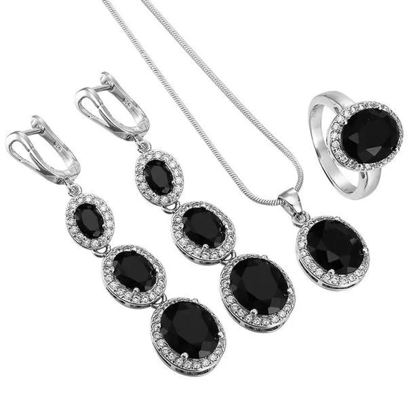 3Pcs/Set Women 925 Silver Plated Black Sapphire Ring Earrings Necklace Jewelry Set (Choice Color and Size)