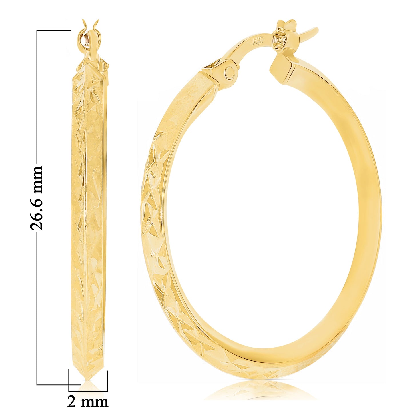 Italian 14K Yellow Gold Bright Shine Hammered Pinched Small Hollow Hoop Earrings