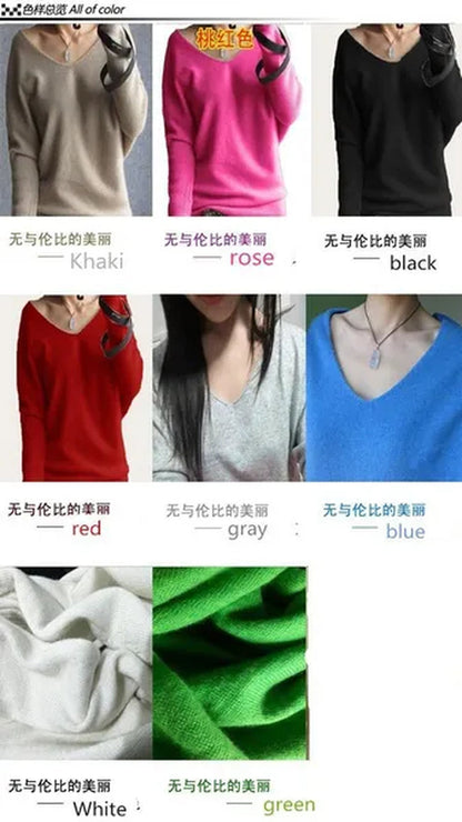 2023 Spring Autumn Cashmere Sweaters Women Fashion Sexy V-Neck Sweater 100% Wool Pullover Batwing Sleeve plus Size Pullover
