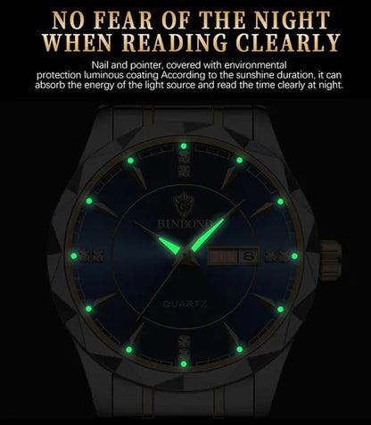 BINBOND Men's Fashion Quartz Watches Ultra Thin Diamond Stainless Steel Watch Waterproof Luminous Wrist Watch