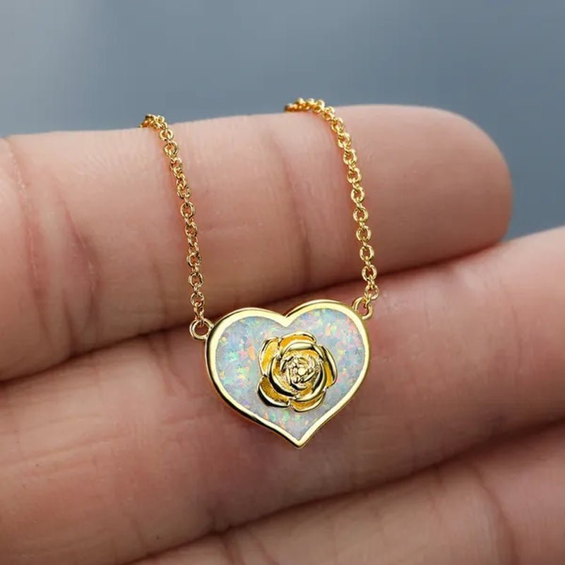 Dainty Female White Opal Pendant Necklace Charm rose gold color Chain Necklaces For Women Cute Flower Heart Wedding Necklace - WORLD TIME VISITS