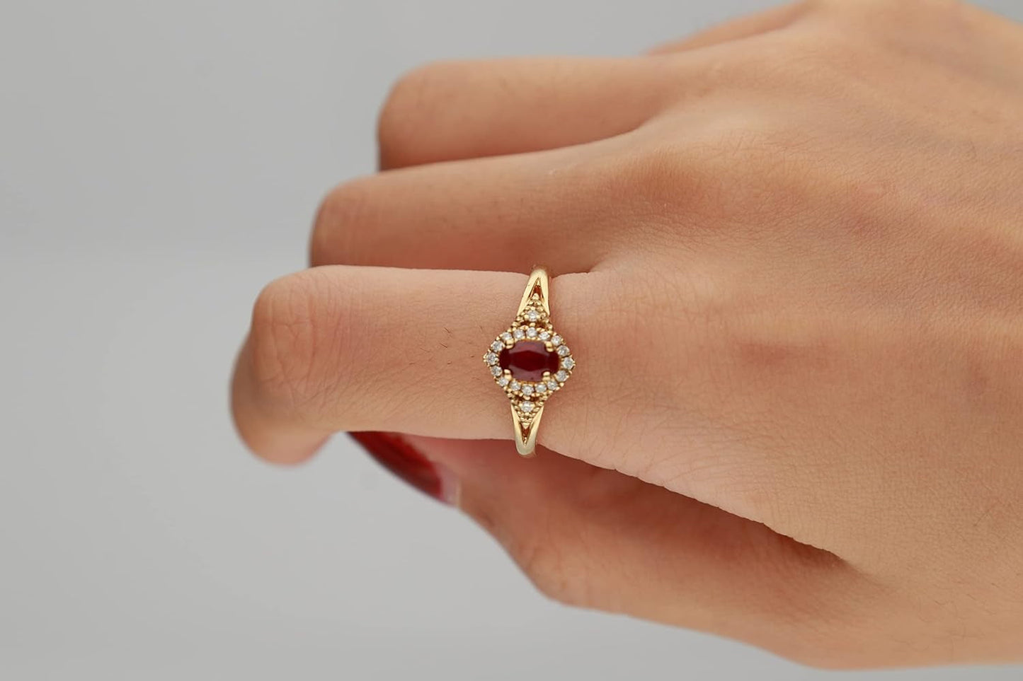 10K Yellow Gold Mozambique Genuine Ruby Ring with Diamonds for Women | Ethically, Authentically & Organically Sourced (Oval-Cut) Shaped Ruby Hand-Crafted Jewelry for Her | Ruby Ring for Women