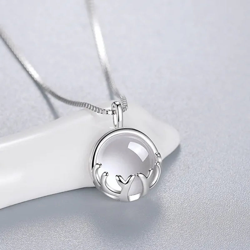 Fine Silver Color Antlers Shape Bezel Setting round Cut Moonstone Pendant Necklace for Women Romantic Wedding Jewelry Gift