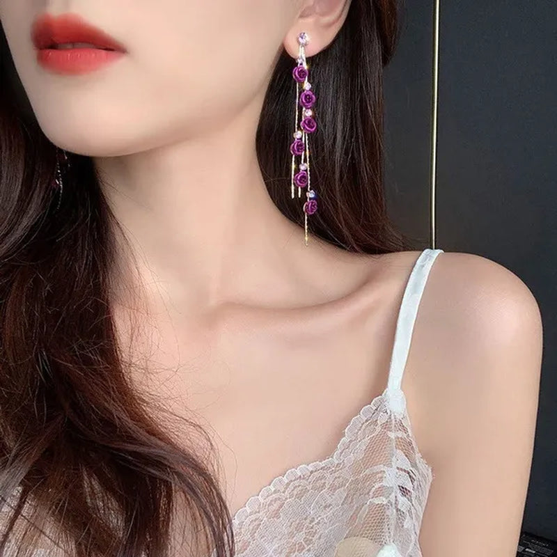 New Exquisite Women's Fashion S925 Silver Needle Diamond Rose Long Tassel Earring Jewelry Gift