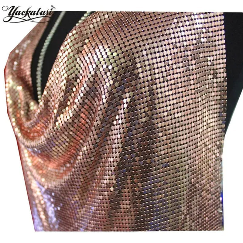Club Women Party Dress Kendall Jenner Metal Mesh Spaghetti Strap Sheath Draped Hollow Out Spark Diamonds Neck Halter