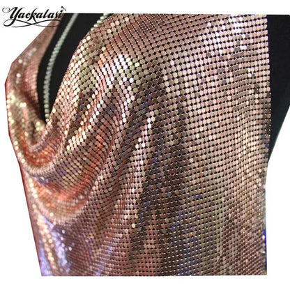 Club Women Party Dress Kendall Jenner Metal Mesh Spaghetti Strap Sheath Draped Hollow Out Spark Diamonds Neck Halter