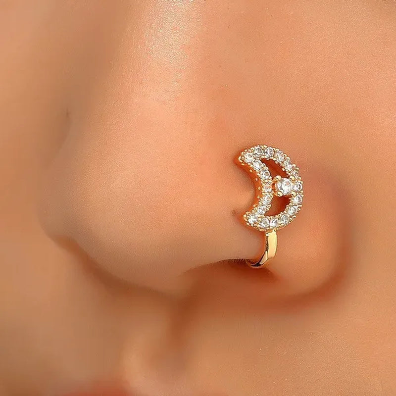 1 PC Crystal Diamond Zircon Star Heart Moon Fake Piercing Nose Ring Copper Spiral Non Piercing Clip on Nose Ring Ear Clips Cuff Fashion Body Jewelry