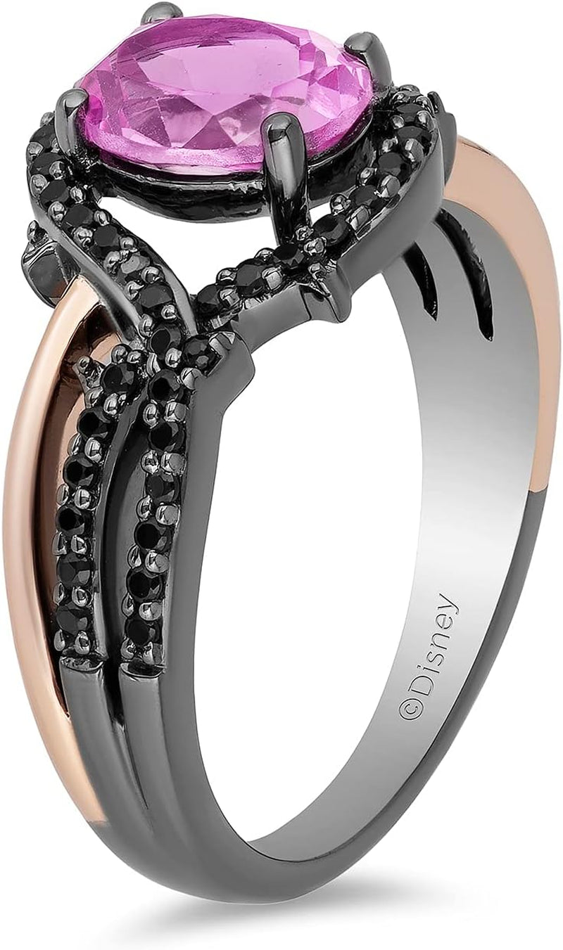 Enchanted Disney Fine Jewelry 14K Rose Gold over Sterling Silver with Black Rhodium Oval Created Pink Sapphire and 1/4 Cttw Treated Black round Diamond Maleficent Ring