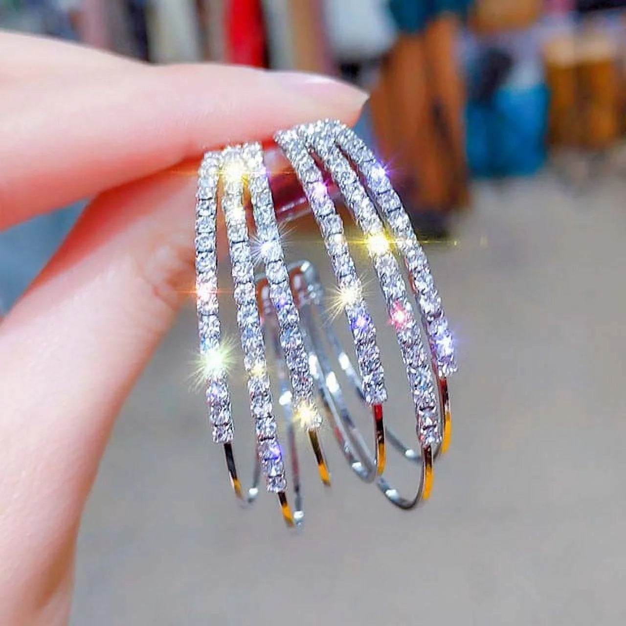 Needle Hoop Earrings for Women Jewelry Rose Gold Statement Rhinestone Crystal Punk Rock Large round Earrings