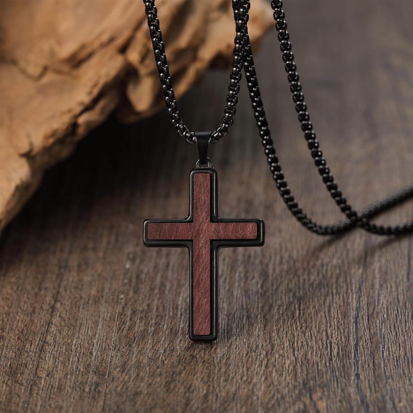 Wooden Cross Necklace for Men, Natural Sandalwood Inlaid with Black Stainless Steel Pendant, Mens Cross Necklaces Including 24 Inch Box Chain. Christmas Gifts for Husbands, Fathers, Sons, and Friends. ﻿