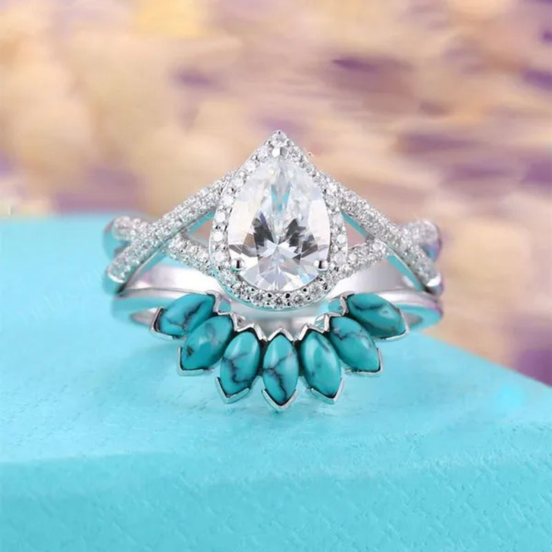 2 Pcs/Set Gifts Handmade Luxury Exquisite Ring Fashion Jewelry Europe and America Noble Elegant Woman Ring Set Natural White Sapphire Zircon Diamond Turquoise Ring Anniversary Party Engagement Bride Princess Wedding Jewelry Christmas Gift Ring Size US4-11