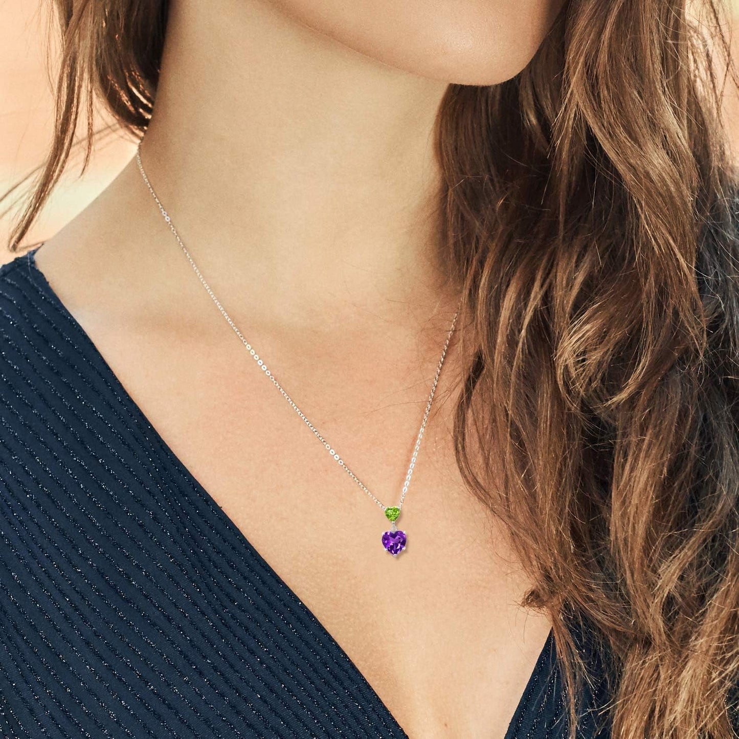 925 Sterling Silver Purple Amethyst and Green Peridot Double Heart Pendant Necklace for Women (2.10 Cttw, Heart 8MM and 5MM, with 18 Inch Silver Chain)
