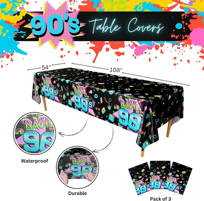 90S Party Table Covers (Pack of 3) - 54"X108" XL - 90S Theme Tablecloths, Decorations & Backdrop for Adults, 1990S Birthday Party Decor