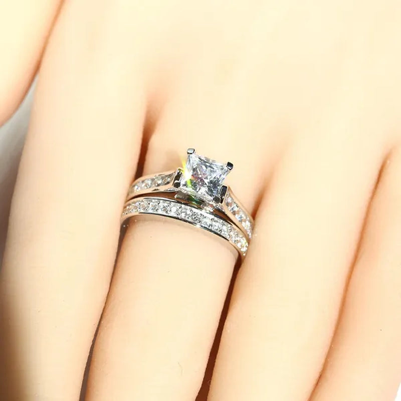 2Pcs / Set Classic Womens Fashion Gold / Silver / Black Diamond Ring Jewelry Exquisite Gold Ring Sets for Women Natural White Sapphire Rings Set Birthstone Princess Proposal Engagement Gold Ring Set Anniversary Party Romantic Bride Wedding Rings for Women