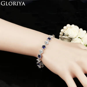 Gloriya Elegant Goddess Silver Plated Link Bracelet Cluster Flower Shape White and Blue AAA Grade Zircon Charm Tennis Bracelet for Women