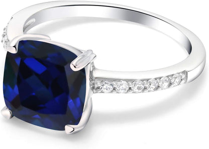 925 Sterling Silver Blue Created Sapphire Engagement Ring for Women (2.62 Cttw, Cushion Cut 8MM, Available in Size 5, 6, 7, 8, 9)