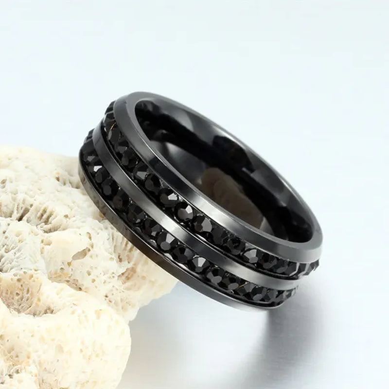 Fashion Exquisite Women Men 8mm Stainless Steel Unique Double Row Crystal Diamond Ring Wedding Band Jewelry Gifts(Size 5-13)