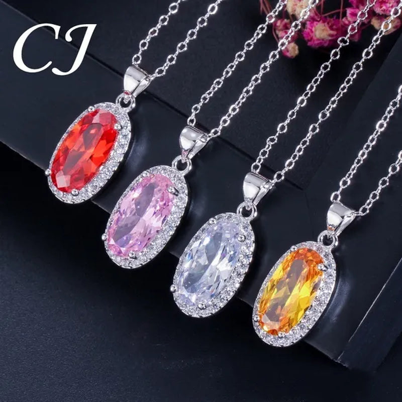 CANDICE Fashion Women Sterling Silver Plated Jewelry Sets for Girls Lovely Oval Pink CZ Stone Party Necklace Earrings Ring Set（Us 7-9)