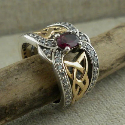 Vintage Women'S Fashion Two Tone Silver & Gold Red Ruby & Blue Sapphire Celtic Ring Anniversary Gift Engagement Bridal Wedding Jewelry Rings Size 5-10