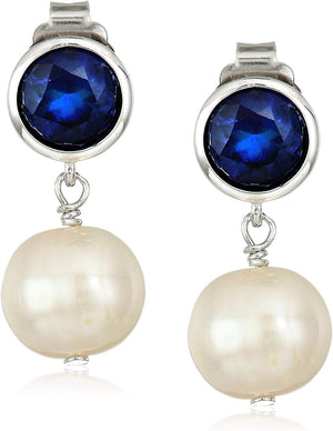 925 Sterling Silver Bezel-Set Gemstone Birthstone and 8Mm White Freshwater Cultured Pearl Post Drop Earrings