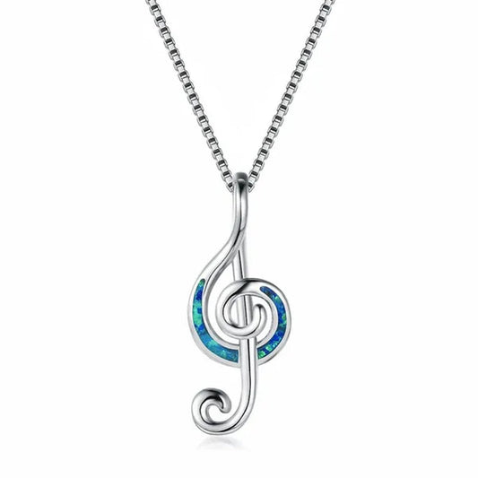 925 Sterling Silver White Blue Fire Opal Music Note Pendant Necklaces for Women Christmas Gifts Jewelry