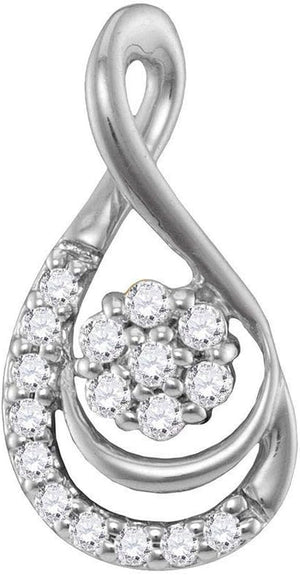 10Kt White Gold Womens round Diamond Flower Cluster Teardrop Pendant 1/10 Cttw