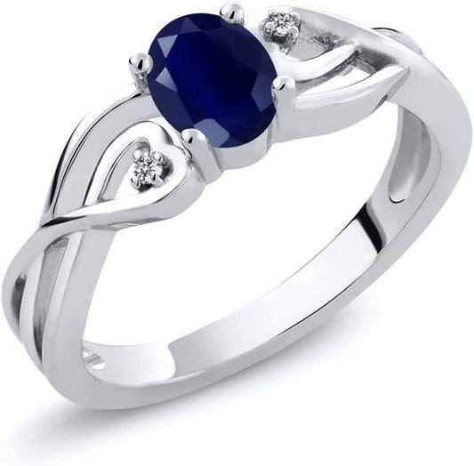 925 Sterling Silver Oval Blue Sapphire and White Lab Grown Diamond 3 Stone Engagement Ring for Women (0.56 Cttw, Gemstone Birthstone, Available in Size 5, 6, 7, 8, 9)
