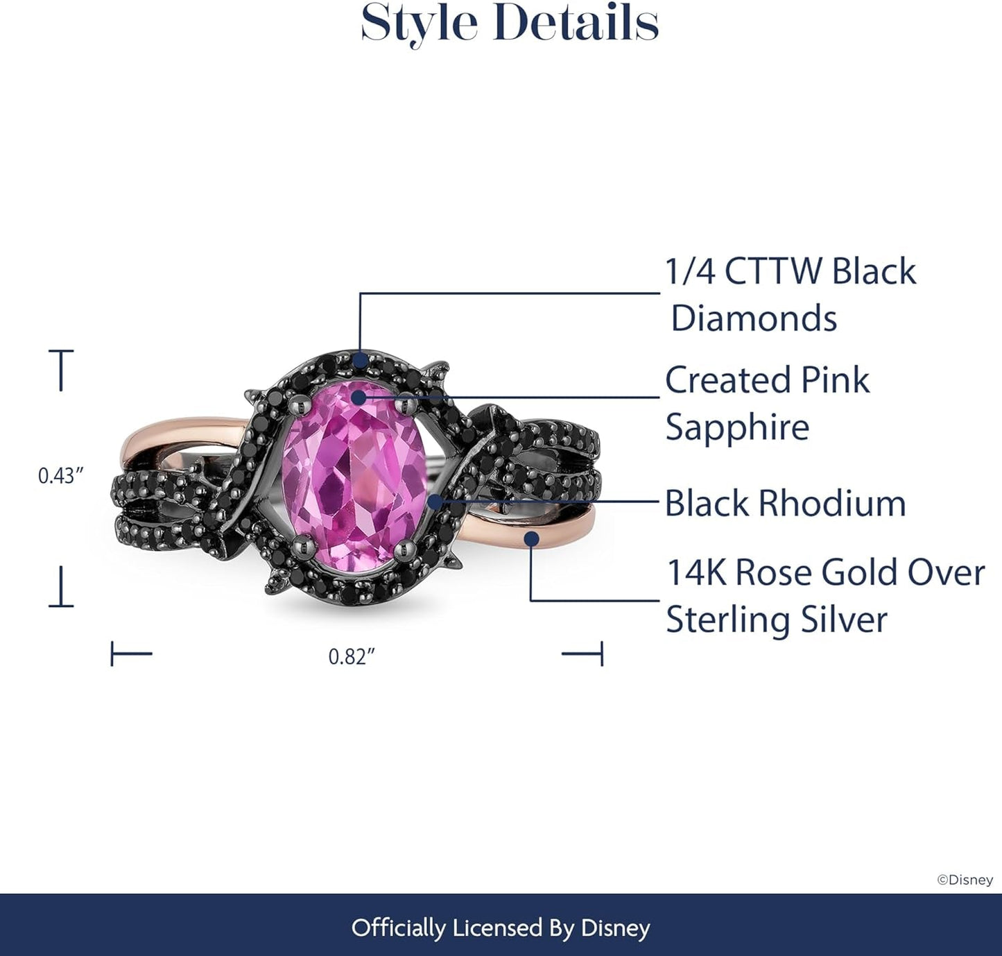Enchanted Disney Fine Jewelry 14K Rose Gold over Sterling Silver with Black Rhodium Oval Created Pink Sapphire and 1/4 Cttw Treated Black round Diamond Maleficent Ring