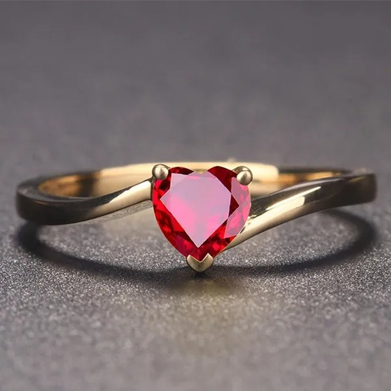 1 Pcs Women Lady Heart Ruby Birthstone Ring Elegant Crystal   Rhinestone Rings Jewelry Size 6-10