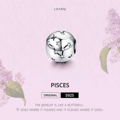 European Hot 12 Constellation Zodiac Round 925 Sterling Silver Beads Charm for Women Bracelet  Shining CZ Charm Fit Original Bangle Necklace DIY Jewelry Making