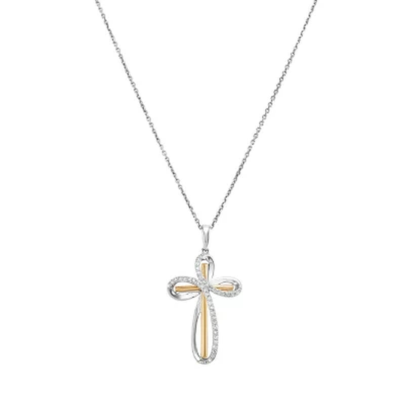 Diamond Cross Pendant in Sterling Silver and 14K Yellow Gold