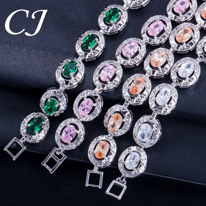 CANDICE Silver Plated Link Chain Bracelets Round Green Crystal Fashion Jewelry For Lady（Extended Clasp）