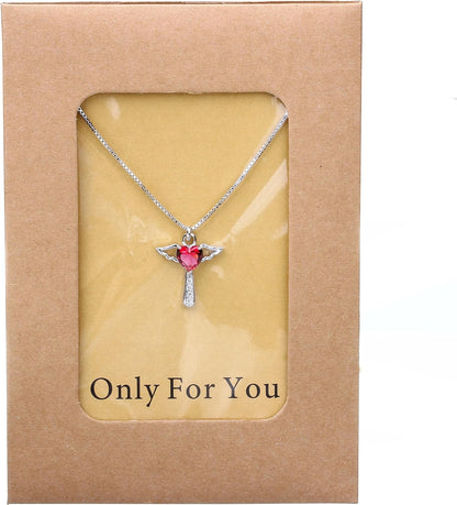 Angel Birthstone Necklaces Heart Cross Necklace for Women Cubic Zirconia Angel Wing Birthstone Heart Charm Pendant Necklace Gifts for Valentine,Birthday