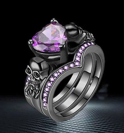 Gothic Black Rose Flower Skull Engagement Rings Set