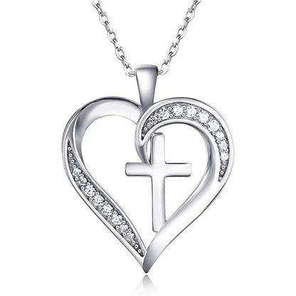 New Fashion 925 Sterling Silver Diamond Cross Heart Necklace for Women Romantic Wedding Accessories