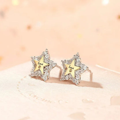Temperament Ladies Fashion Shining Star 18K Yellow Love White Sapphire Diamond Earrings Ring