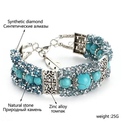 Vintage Tibetan Silver Feather Turquoise Beads Bracelet Bangle Crystal Diamond Turquoise Bangle Women Jewelry Gift