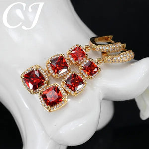CANDICE  Luxury Yellow Gold Plated Drop Earrings Jewelry Square Red Cubic Zircon Stones Long Earring For Women