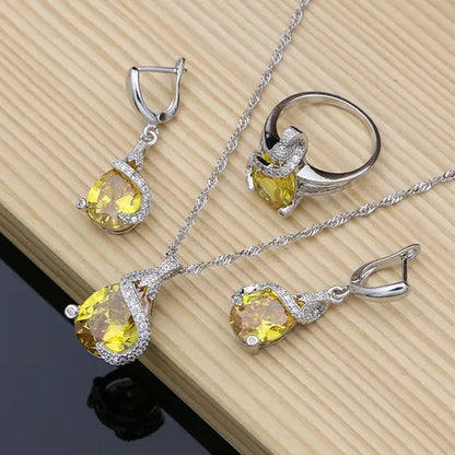 Drop 925 Sterling Silver Jewelry Sets Yellow Topaz for Bride Women Earring Rings Bracelet Fashion Decoration Wedding Jewelry