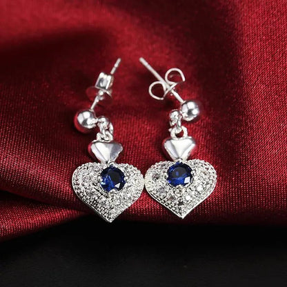 925 Sterling Silver Heart Blue Zircon Crystal Pendant Necklace Earrings for Women Party Wedding Jewelry Set