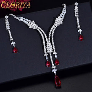 Gloriya Noble Wedding Banquet Jewelry Set Dress Accessories Full CZ with Red Water Drop Gemstones Long Tassel Dangle Earrings and Choker Necklace Sets for Ladies