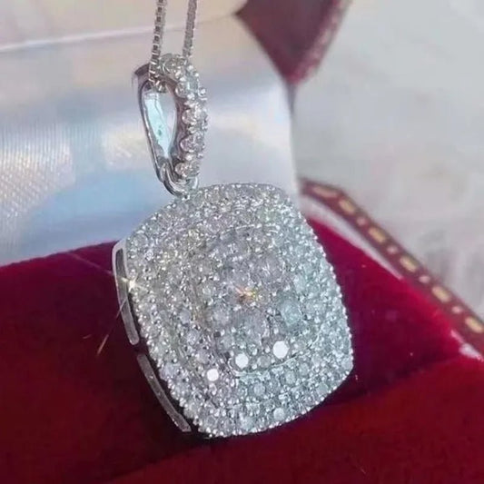 Delicate Pave Setting Diamond Square Pendant Necklace for Women Bridal Wedding Fashion Accessories - WORLD TIME VISITS