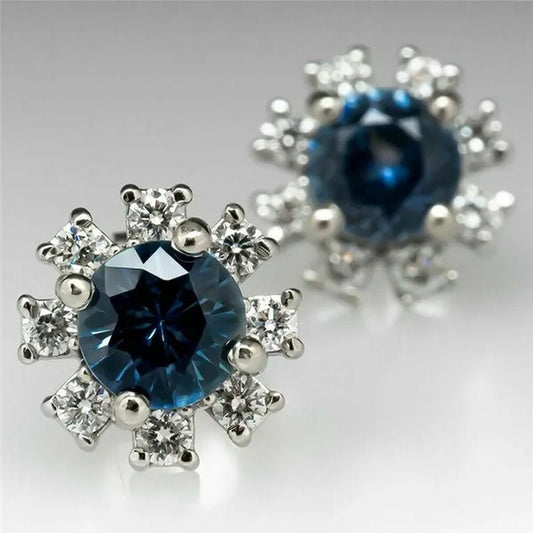 Delicate Silver Plated Round Cut Blue Sapphire Lab Diamond Snowflake Flower Stud Earrings for Women Daily Casual Accessories - WORLD TIME VISITS