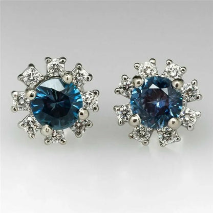 Delicate Silver Plated Round Cut Blue Sapphire Lab Diamond Snowflake Flower Stud Earrings for Women Daily Casual Accessories - WORLD TIME VISITS