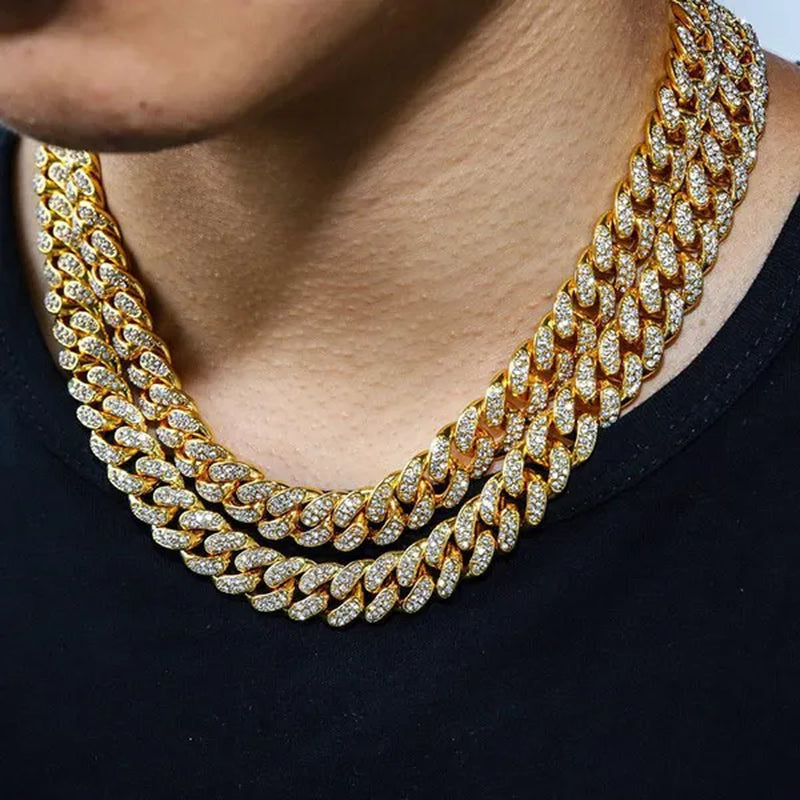 Fashion Gold Stainless Steel Hip Hop Jewelry Iced Out Diamond Thick Miami Cuban Link Chain Necklace Bracelet Watch Ring Jewelry Set