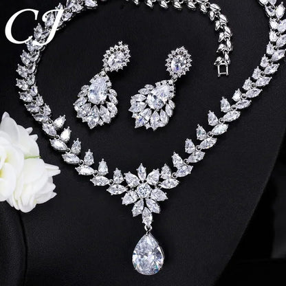CANDICE Hand-Inlay Sparkling AAA+ CZ Stone Luxury Wedding Bridal Jewelry Set Classic Platinum Plated Water Drop Pendant Necklace Earrings for Women Party
