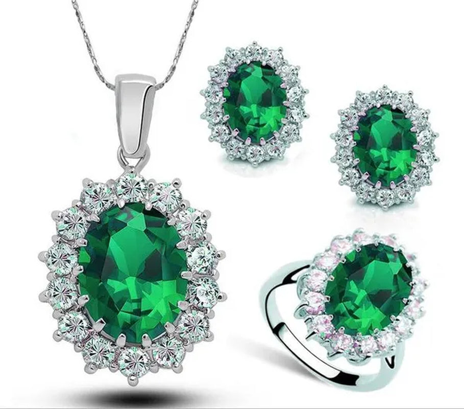 Fashion Natural 925 Silver Sapphire Ring Earring Necklace Set Ladies High-End Crystal Diamond Three-Piece Set Women'S Wedding Jewelry Party Gift Europe and America