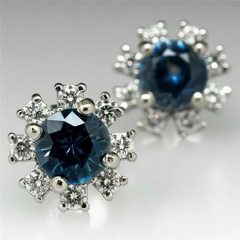 Delicate Silver Plated round Cut Blue Sapphire Lab Diamond Snowflake Flower Stud Earrings for Women Daily Casual Accessories