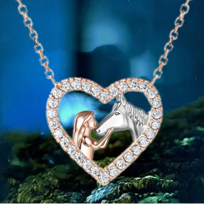 Exquisite Fashion Women's Creative Girl and Horse Necklace Heart Diamond Pendant Necklace Women's Animal Jewelry Accessories Birthday Anniversary Gift